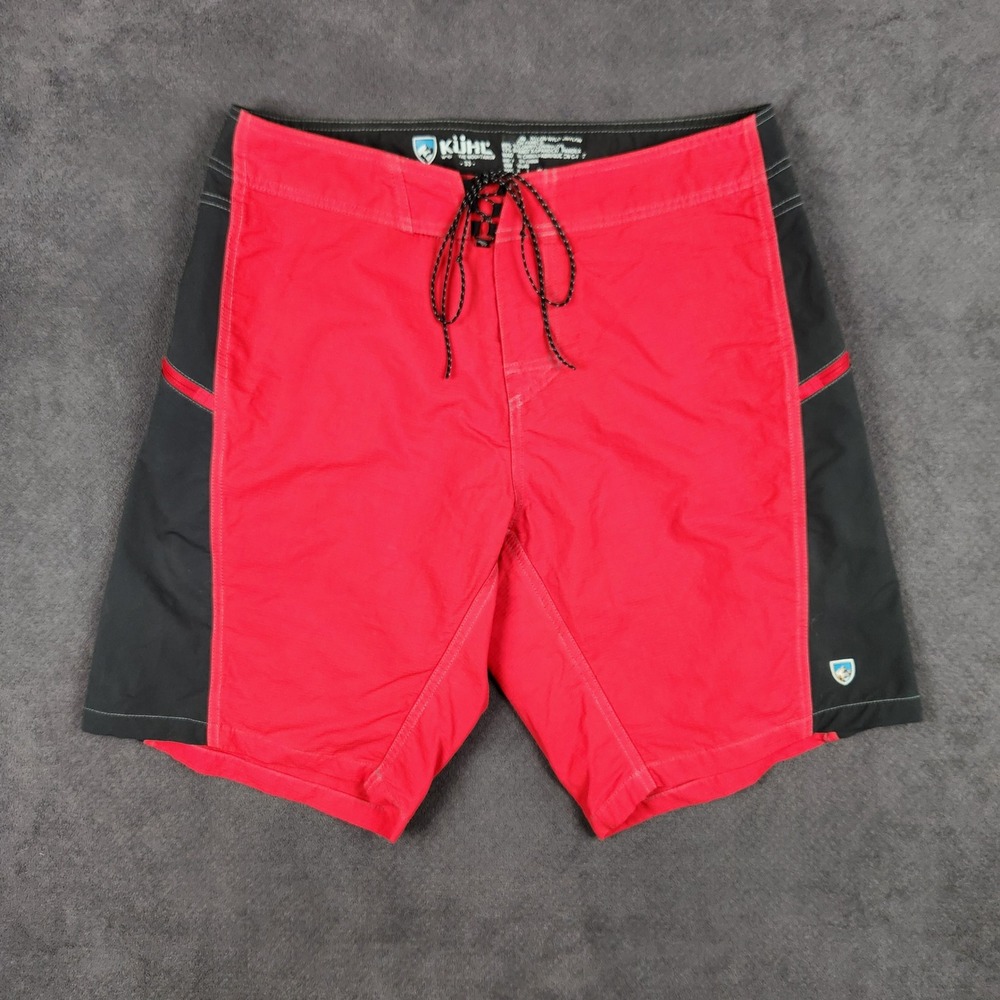 Kuhl Mutiny River Board Shorts Mens 33 Red Black Hybrid Stretch Quick Dry Swim